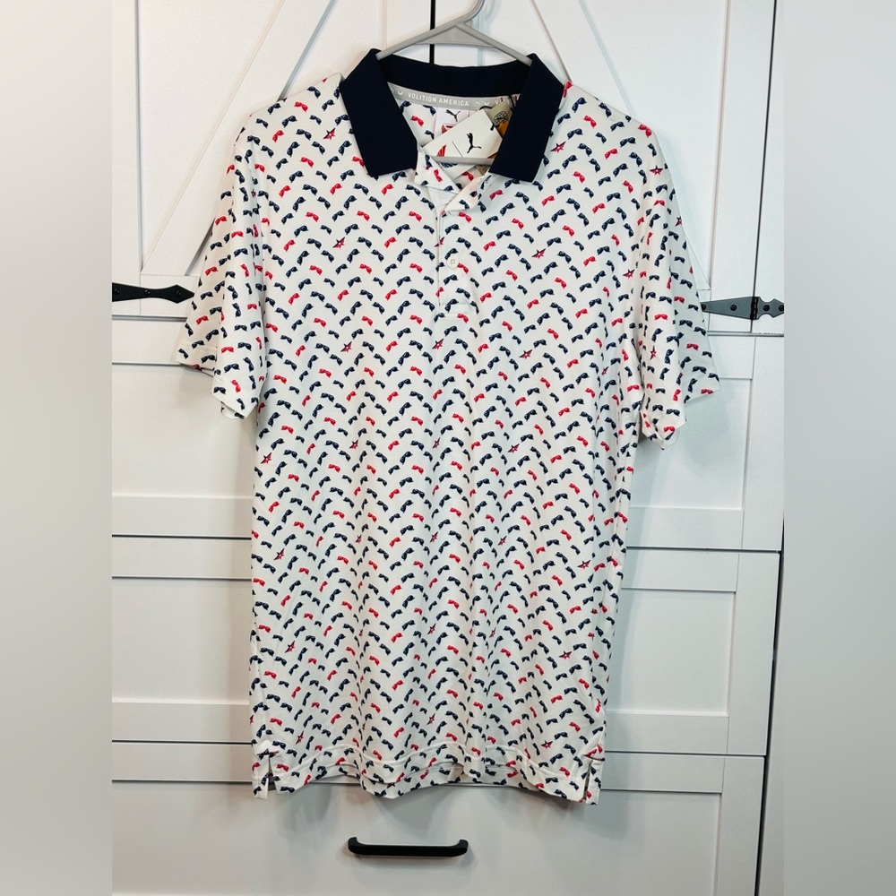 Puma White Polo with Navy Collar and Red & Navy Micro Print size S
